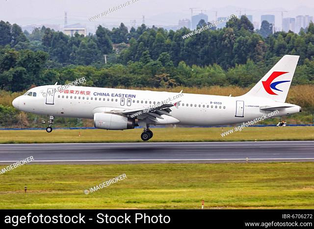 An Airbus A320 aircraft of China Eastern Airlines with registration number B-6559 at Chengdu Airport, China, Asia