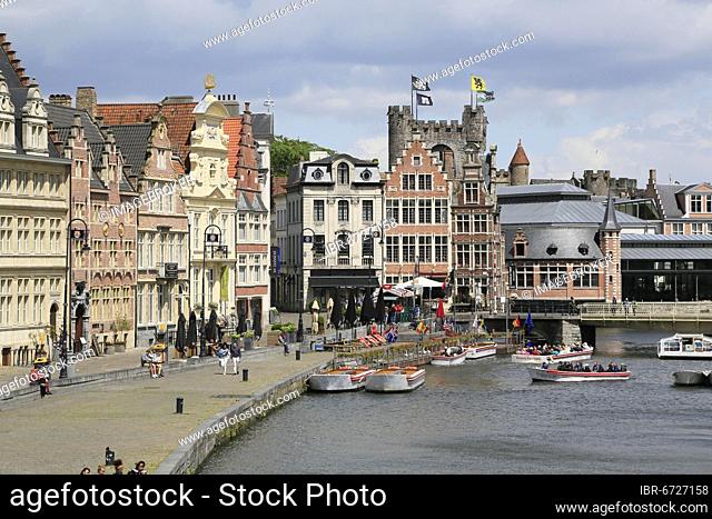 View from Michalsbridge Sint Michielsbrug to river Leie, houses at the Korenlei and moated castle Gravensteen, Old Town, Ghent, East Flanders, Belgium, Europe