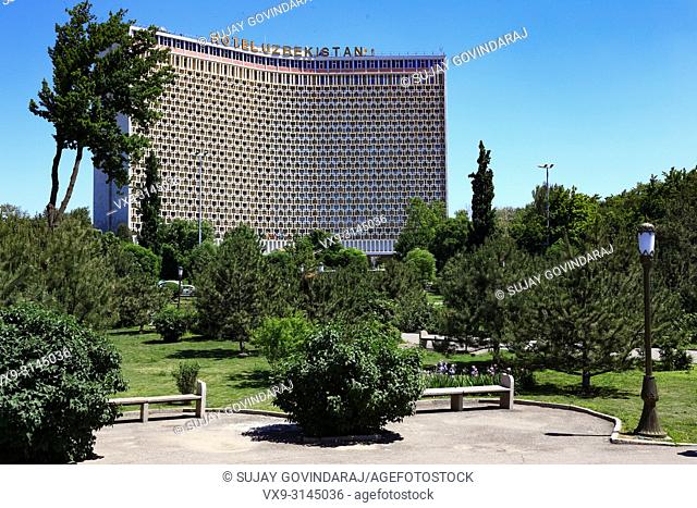 Tashkent, Uzbekistan - May 12, 2017: Front View of Hotel Uzbekistan, a well-known hotel in the city that constructed Russian architectural style