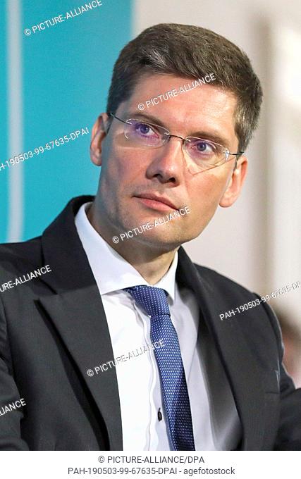 03 May 2019, Saxony, Brandis: Christian Hirte (CDU), Federal Government Commissioner for the New Federal States, sits in Brandiser Castle during a...