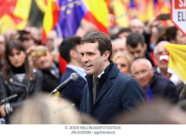 Pablo Casado, president of the party Partido Popular (PP) seen attending the manifestation of this Sunday called by PP and Ciudadanos has been held in the Plaza...