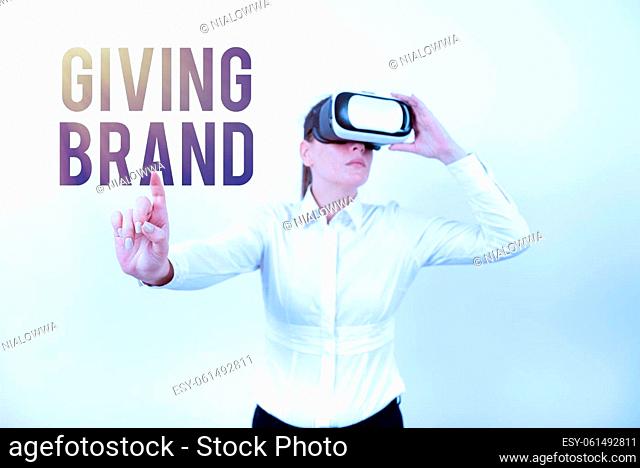 Conceptual caption Giving Brand, Conceptual photo The process of giving a Name to a company products or services Woman Wearing Vr Glasses And Pointing On...