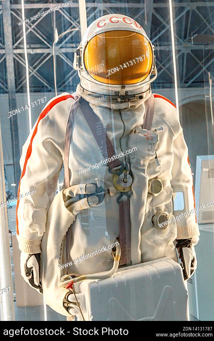 Moscow, Russia - November 28, 2018: Russian astronaut spacesuits in Moscow space museum that was specially developed for space vehicle missions