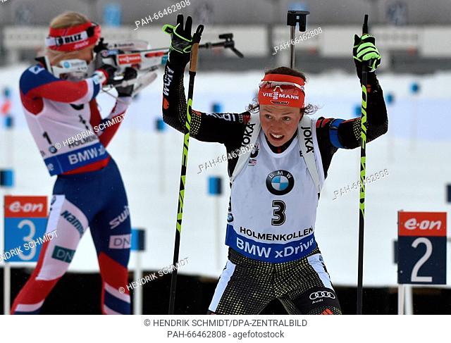 Biathlete Laura Dahlmeier of Germany in action during the womens's 10km pursuit competition at the Biathlon World Championships, in the Holmenkollen Ski Arena