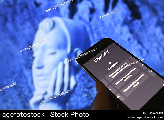 Theme photo, symbol photo ChatGPT (Generative Pre-trained Transformer). Software from ChatGPT on a smartphone. ?. - Munich/Bayern/Deutschland