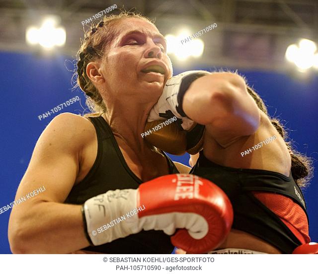 Oksana Romanova (white pants) hit hard by Sarah Bormann (black pants). GES / Boxing / aftert the Champions: Sarah Bormann ""the baby face"" vs