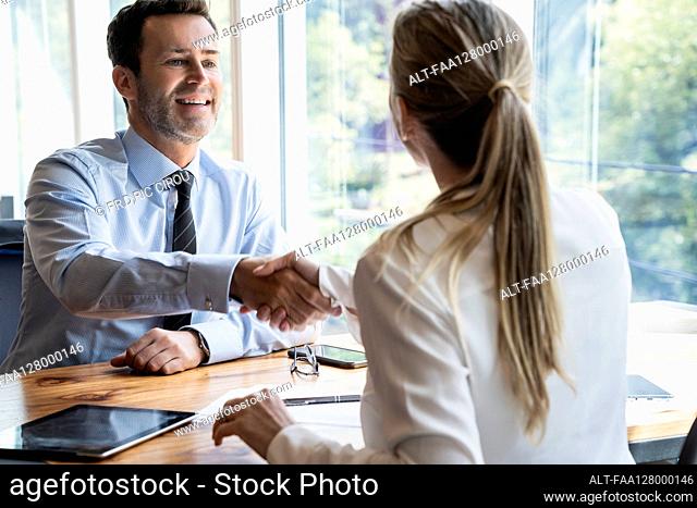 Businessman shaking hands with businesswoman during meeting