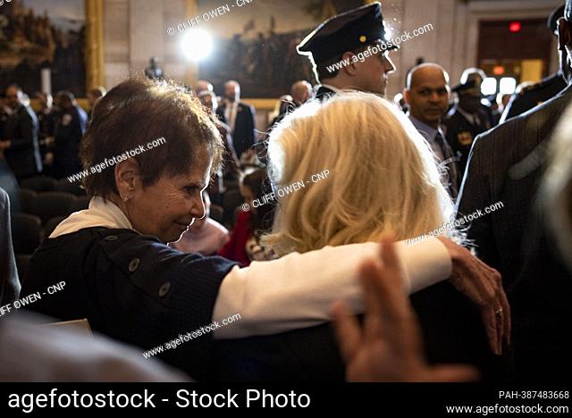 United States Representative Liz Cheney (Republican of Wyoming) hugs Gladys Sicknick, the mother of the late Capitol Police Officer Brian Sicknick