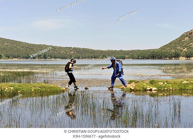 hikers by the Dayet Aoua lake, around Ifrane, Middle Atlas, Morocco, North Africa