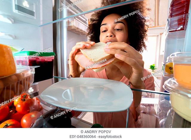 Hungry Woman Taking Fresh Ham Sandwich From Plate In The Refrigerator