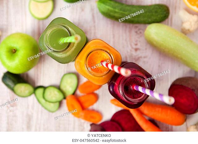 Various Freshly Squeezed Vegetable Juices for Detox Diet, selective focus