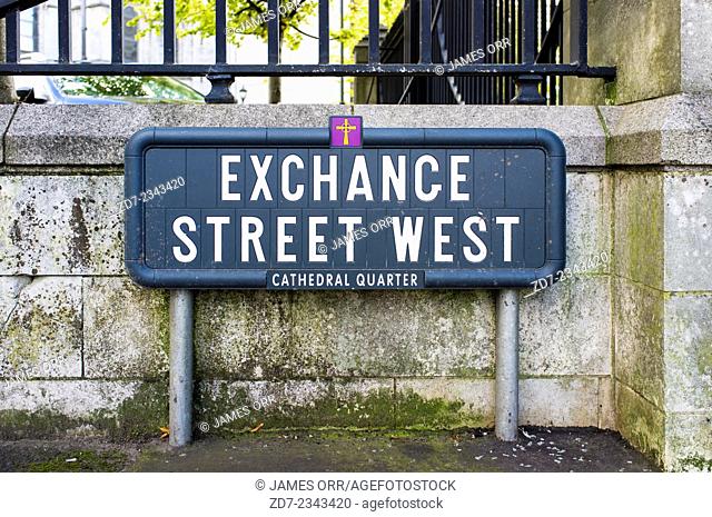 Exchange Street West street sign, Cathedral Quarter, Belfast. Nort Ireland. United Kingdom