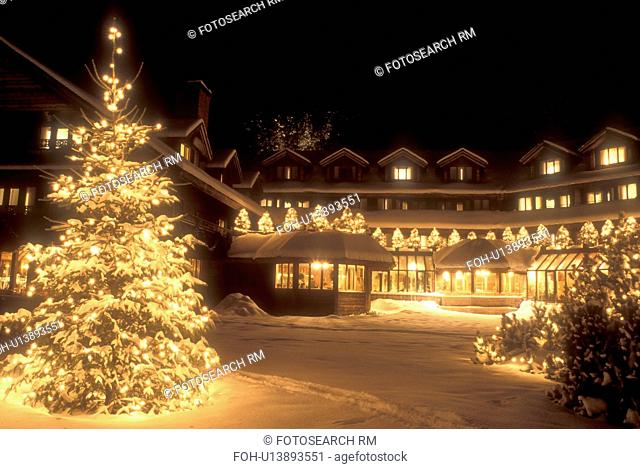 Trapp Family, resort, lodge, inn, hotel, Christmas tree, Stowe, decorations, holiday, evening, winter, Vermont, The Trapp Family Lodge in Stowe is elegantly...