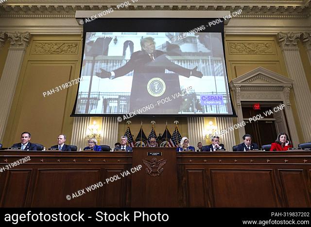 WASHINGTON, DC - OCTOBER 13: A video of former United States President Donald Trump is played during a hearing by the House Select Committee to Investigate the...