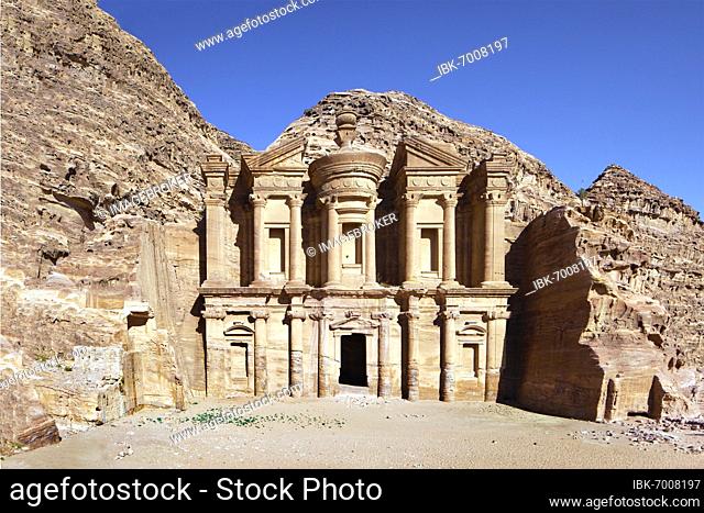 Ad Deir Monastery carved out of the rock on a high plateau, Wadi Araba, Wadi Mousa in the background, Petra, ancient capital of the Nabataeans