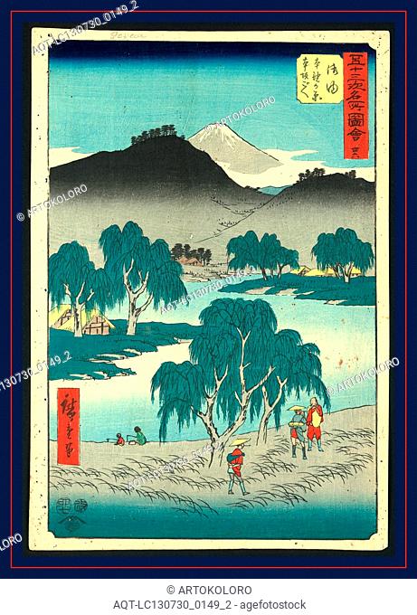 Goyu, Ando, Hiroshige, 1797-1858, artist, [ca. 1855], 1 print : woodcut, color ; 36 x 24.7 cm., Print shows a bird's-eye view of pilgrims at the 36th station on...