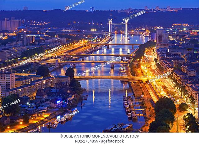 Rouen, Seine river, River Seine, Dusk, Haute Normandie, Seine Maritime Department, Normandy, France