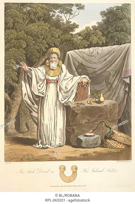 An Arch Druid in his judicial habit. Clothed in a stole of virgin white over a closer robe of the same that is fastened by a girdle on which appears the crystal...