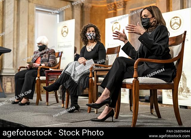 Vice President Kamala Harris, right, participates in the Freedman Bank Forum with Secretary of the Treasury Janet Yellen, left, in the U.S