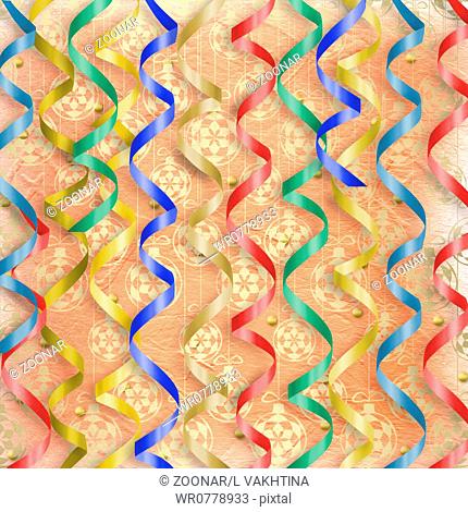 Card with multicolor streamers to holiday on the abstract background