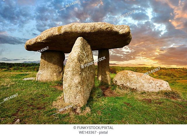 Lanyon Quoit is a megalithic burial dolmen from the Neolithic period, circa 4000 to 3000 BC, near Morvah on the Penwith peninsula, Cornwall, England