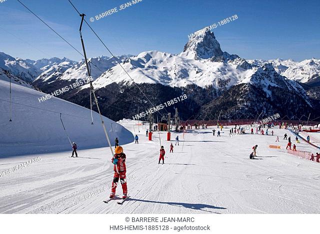 France, Pyrenees Atlantiques, Fabreges, Artouste ski resort, The Pic du Midi d'Ossau in the backround