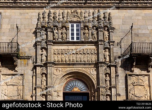 Santiago de Compostela (Galicia) Spain. Architectural detail of the Hospital de los Reyes Católicos in the Plaza del Obradoiro in the city of Santiago de...