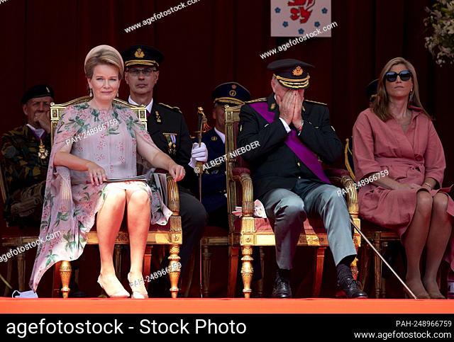 King Filip and Queen Mathilde of Belgium at the Paleizenplein in Brussel, on July 21, 2021, to attend the Defile on the occasion of the National Day of Belgium...