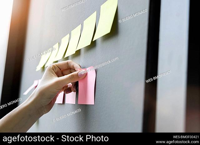Close-up of businesswoman hand sticking adhesive notes on wall in office