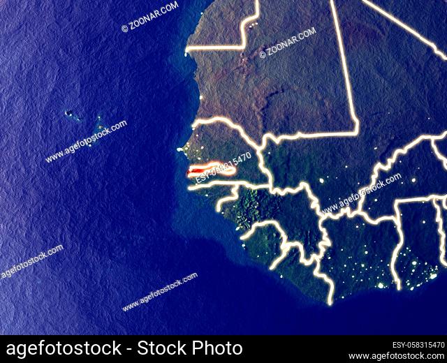 Gambia from space on Earth at night. Very fine detail of the plastic planet surface with bright city lights. 3D illustration