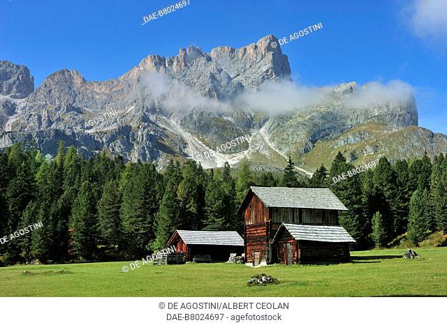 Huts in the Longiaru valley, with the Puez Group in the background, Badia valley, Dolomites, Trentino-Alto Adige, Italy