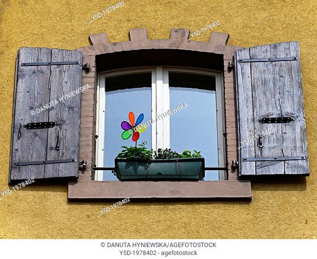 window with open wooden shutters, plant and colorful pinwheel, Grandson, canton Neuchatel, Switzerland
