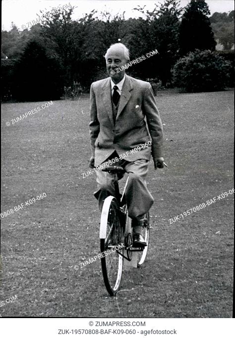 Aug. 08, 1957 - 80-Year Old Sir Alliot Roe Designs A 'Car On Two Wheels': 80-year old Sir Alliot Verdon-Roe, co-founder with his brother of the famous A