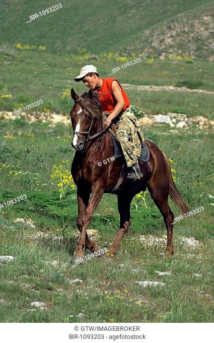 Kazakh man riding his horse, Kazakhstan