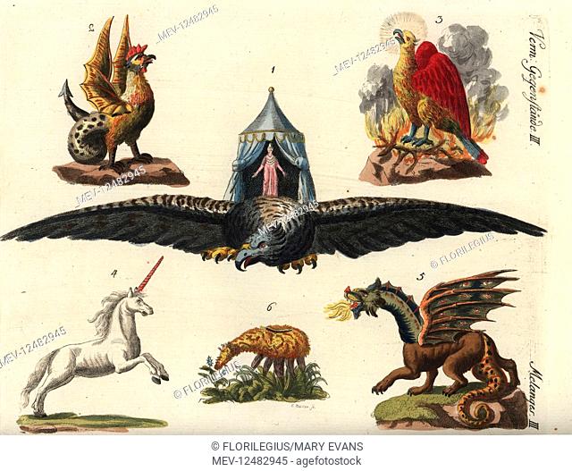 Mythical creatures: roc bird 1, basilisk 2, phoenix 3, unicorn 4, vegetable lamb of Tartary Agnus scythicus or Planta Tartarica Barometz, 5, and dragon 6