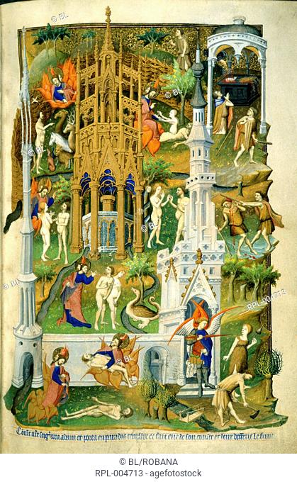 The Creation and Fall, Whole folio Scenes from the Creation and Fall. Adam and Eve, and their sons, Cain and Abel Image taken from Bedford Hours
