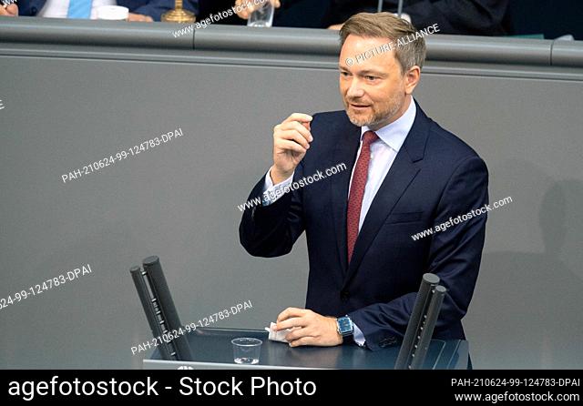 24 June 2021, Berlin: Christian Lindner, top candidate, parliamentary group leader and party leader of the FDP, speaks at the session of the German Bundestag...