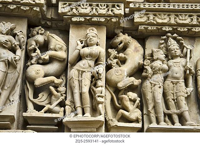 PARSVANATH TEMPLE: Wall sculptures - closeup, Eastern Group, Khajuraho, Madhya Pradesh, India, UNESCO World Heritage Site