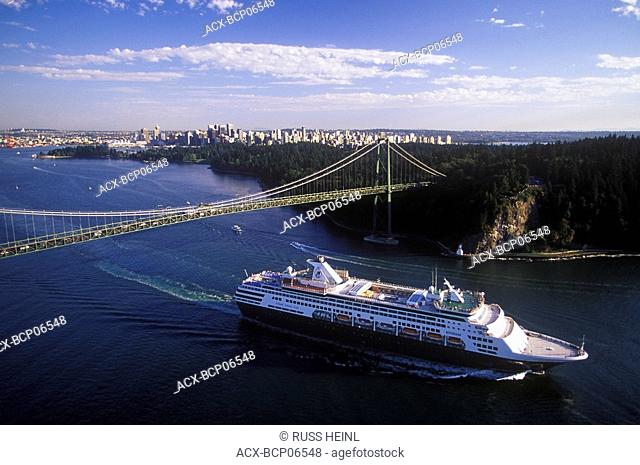 Cruise ship passing under the Lions Gate Bridge, Vancouver, British Columbia, Canada