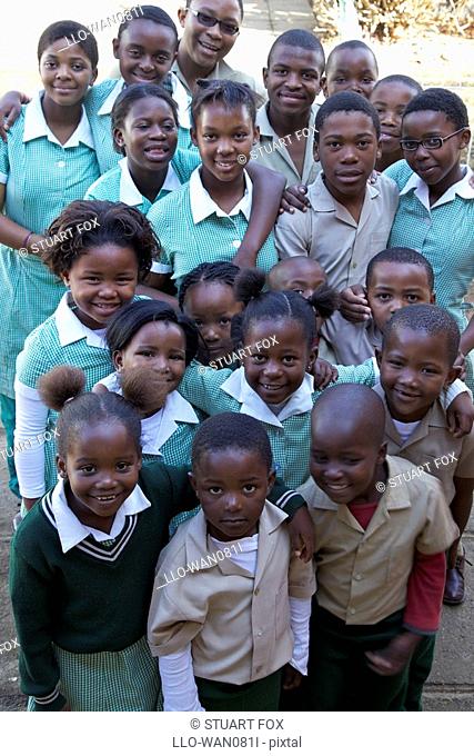 High angle shot of group of schoolchildren, KwaZulu Natal Province, South Africa