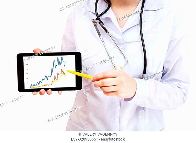 nurse points on tablet pc with charts on screen