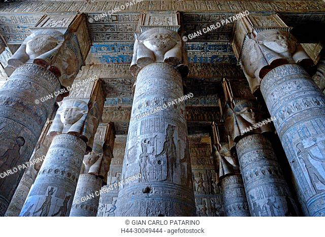 Dendera Egypt, ptolemaic temple dedicated to the goddess Hathor. Carvings on the ceiling recently cleaned