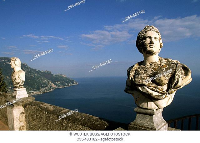 Roman busts on Belvedere terrace of Villa Cimbrone, Ravello, Amalfi coast. Campania, Italy