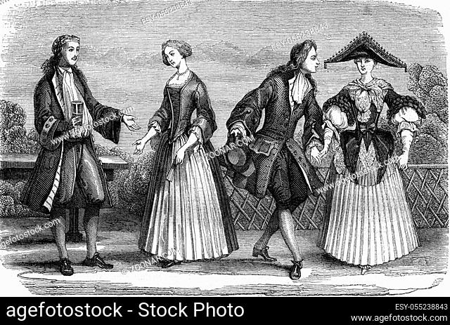 Methods 1709, Daughter of Upper Alsace and Bourgeois, vintage engraved illustration. Magasin Pittoresque 1847
