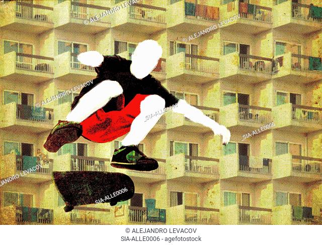 Skateboarder jumping against building facade