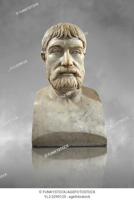 Roman marble sculpture bust of Pindar, 1 130-140 AD from an original mid 5th century BC Hellanistic Greek original, inv 6144, Museum of Archaeology, Italy