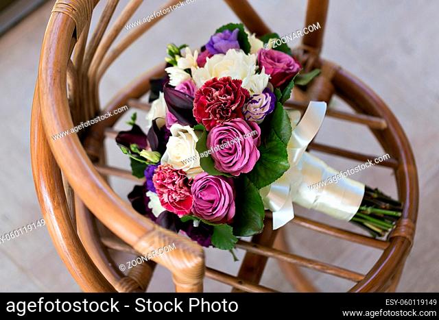 luxury Wedding bouquet. The concept of marriage and love. accessories for just married ceremony close-up. Fresh flowers