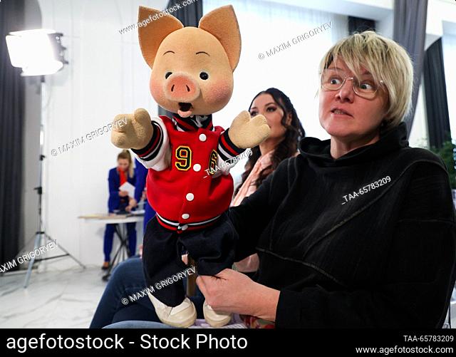 RUSSIA, MOSCOW - DECEMBER 15, 2023: Actress Oksana Chabanok, the voice of Khryusha the Piglet, attends a ceremony to cancel postage stamps marking 60 years...