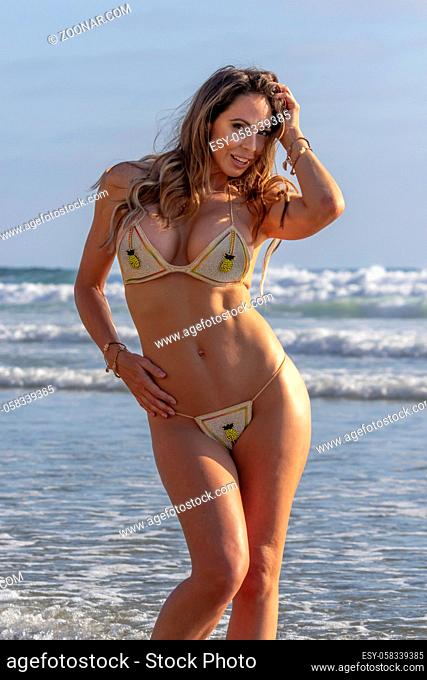 A beautiful brunette bikini model enjoying a day at the beach
