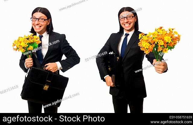 Handsome businessman with flower and brief case isolated on white